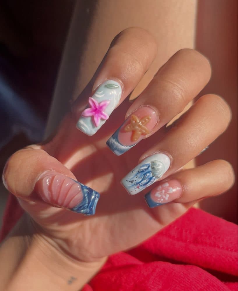 Coffin nails with 3D starfish, jellyfish and shell art